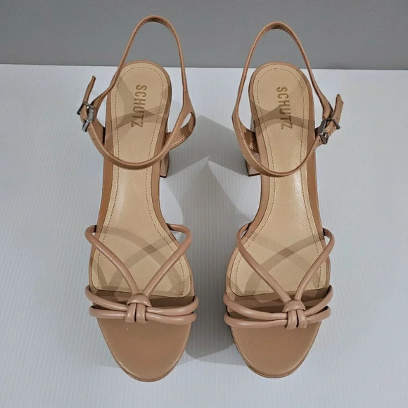 NEW Schutz Kelsie Platform Strappy Block Heel Sandal Tan Leather Size 10.5 - Picture 4 of 13